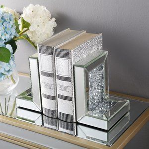 Modern Bookend Set Mirrored Frame Acrylic Crystal